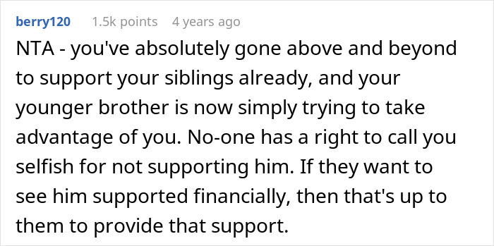 Screenshot of a forum comment discussing a 23-year-old demanding an allowance from rich golden child sibling.