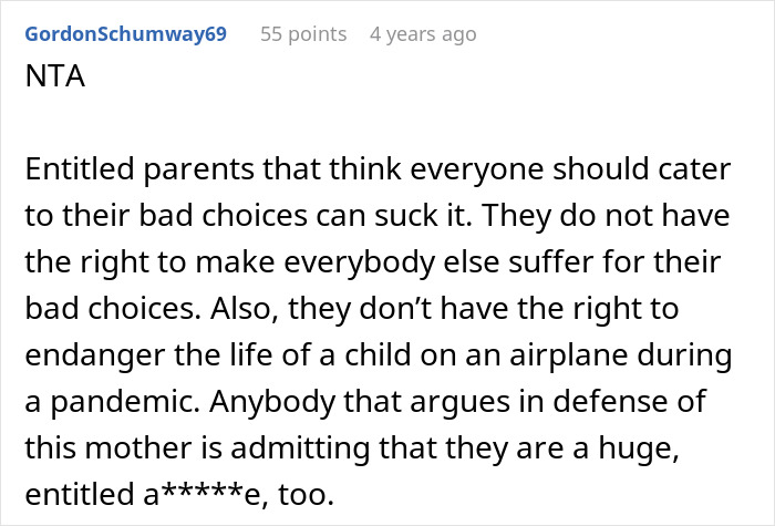 Alt text: Screenshot of a Reddit comment criticizing a mom for mishandling an 8-hour toddler meltdown on a flight.