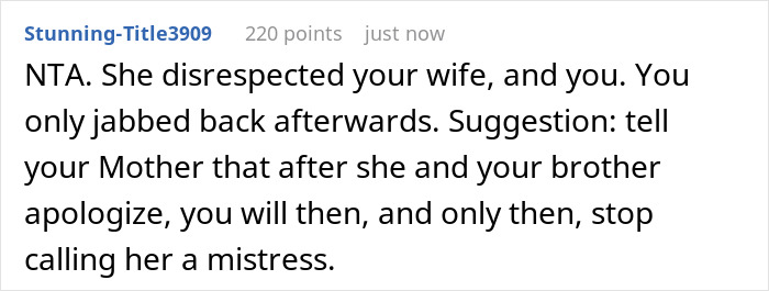 Text comment on a social platform discussing a family dispute involving accusations of cheating and defending a wife.