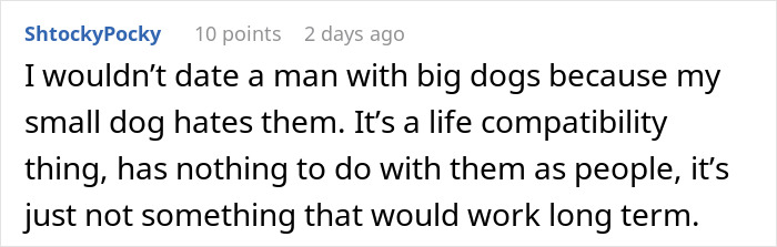 Comment from user ShstockyPocky stating their preference against dating men with big dogs due to incompatibility with their small dog.