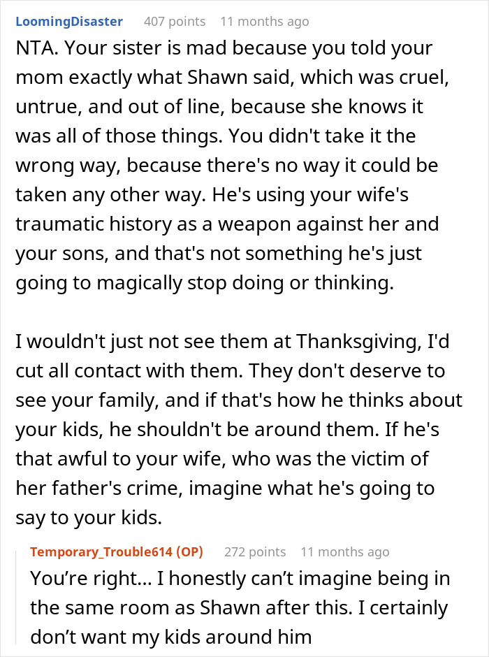 Screenshot of a Reddit discussion about a man getting banned from Thanksgiving after upsetting his brother-in-law&rsquo;s wife with a controversial theory.