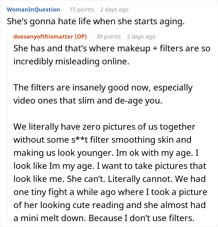 Reddit conversation discussing gym influencer lying online using filters, causing relationship issues with her boyfriend.