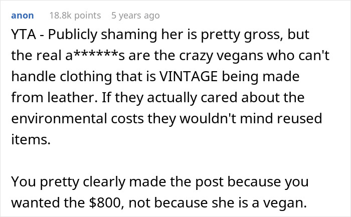 Comment discussing a woman planning to sell grandma&rsquo;s leather shoes and her vegan sister wearing them.