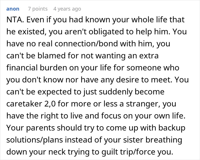 Commenter explaining no obligation to care for disabled brother, highlighting parents&rsquo; plea and sister&rsquo;s anger over refusal.