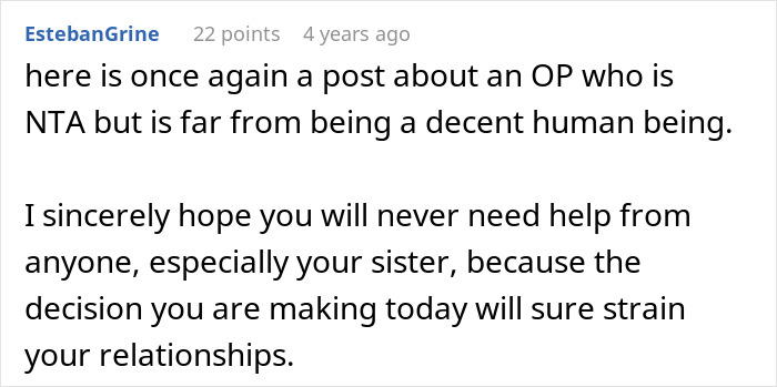 Screenshot of a Reddit comment discussing parents begging son to care for disabled brother and sister's reaction.