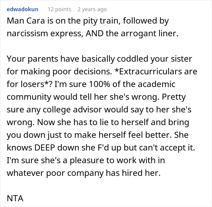 Text post on social media discussing golden child getting a reality check after sister&rsquo;s college success.