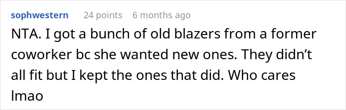 Screenshot of a Reddit comment discussing keeping old blazers from a coworker, related to losing weight and coworker clothes. Screenshot of a Reddit comment discussing keeping old blazers from a coworker, related to losing weight and coworker clothes.