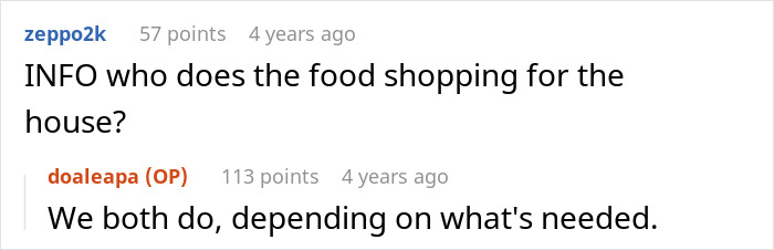Screenshot of a Reddit conversation discussing food shopping responsibilities between a woman and her husband.