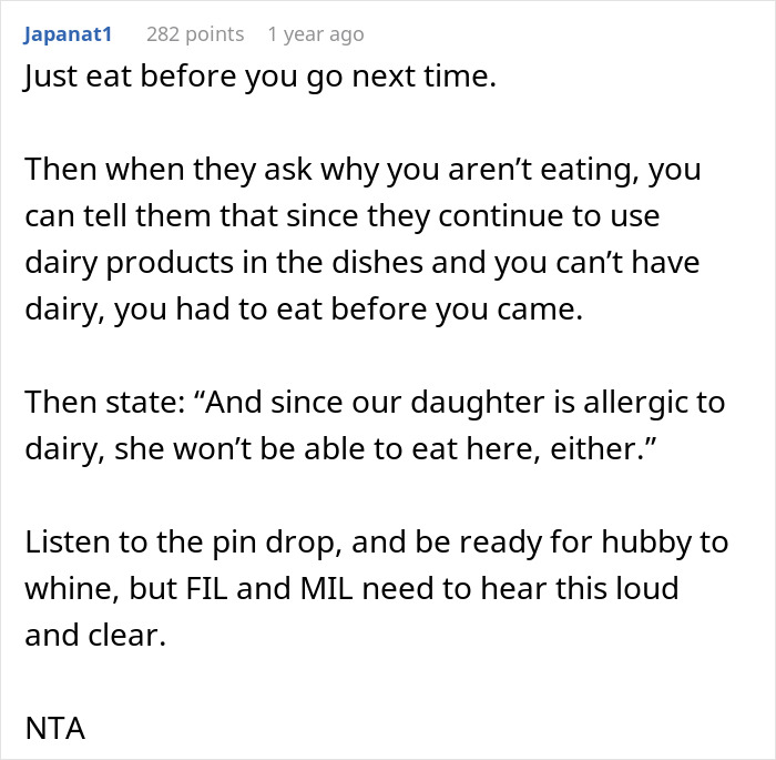 Comment advising a mom to skip family dinners due to being ignored by her in-laws and dealing with dairy allergies. Comment advising a mom to skip family dinners due to being ignored by her in-laws and dealing with dairy allergies.