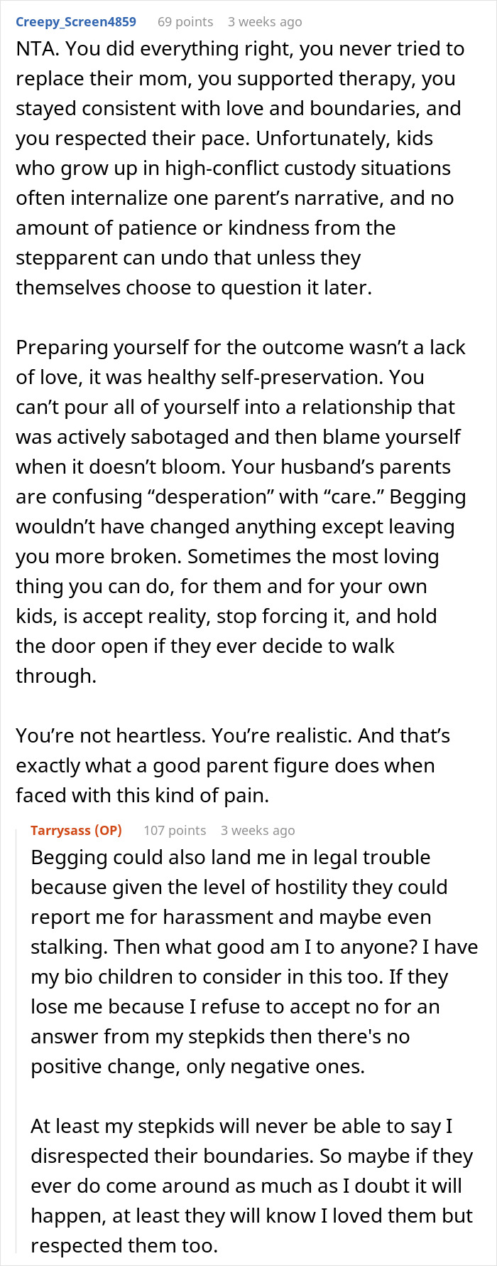 Reddit discussion about stepmom dealing with kids poisoned against her by their mom and ongoing family conflict.