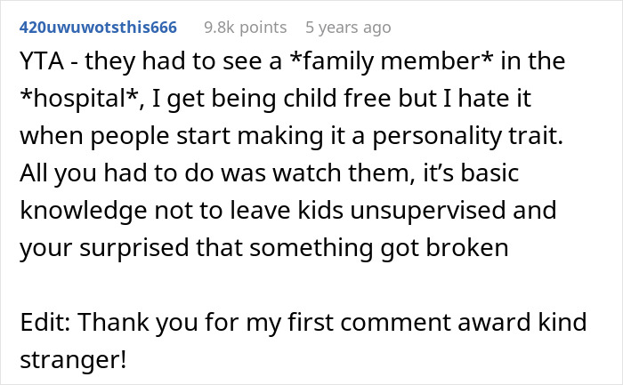 Reddit comment discussing family emergency and frustrations about kicking out sister's kids for being unsupervised and causing damage.