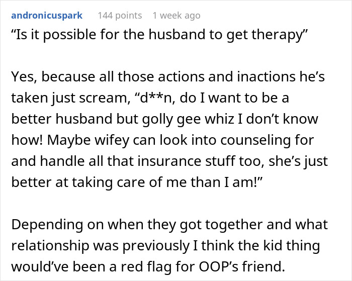Comment discussing a husband avoiding caring for his wife after surgery and a friend considering exposing his behavior.