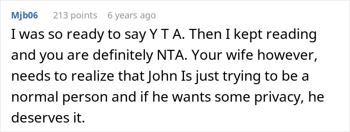 Comment discussing wife taking a free pass with John Krasinski and her husband not allowing a photo with him.