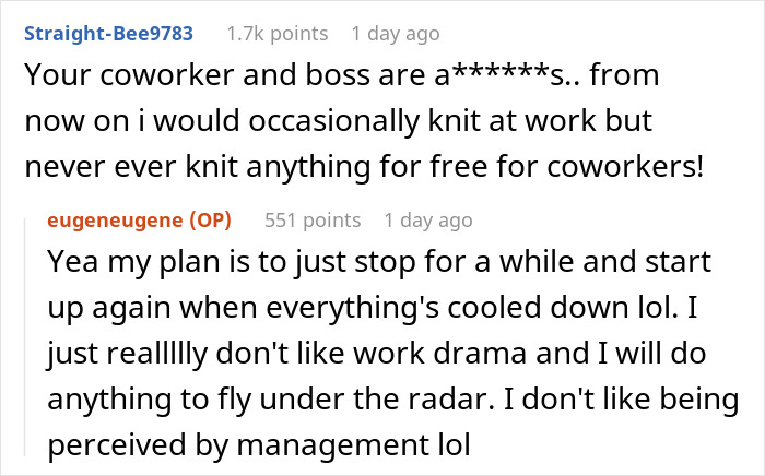 Chat conversation about an entitled employee upset her coworker won&rsquo;t knit a huge blanket for free at work.