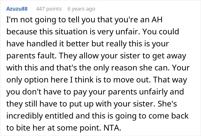 Comment discussing unfair rent situation where sibling refuses to pay parents after sister lives rent free, calling it unfair.