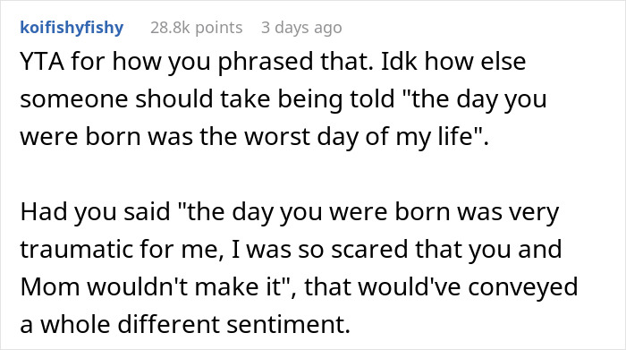 Screenshot of a Reddit comment discussing how a woman makes her brother feel like she hates him after he thanks her.