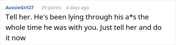 Screenshot of a comment advising a woman to confront a man lying about his relationship status after 10 months of dating.