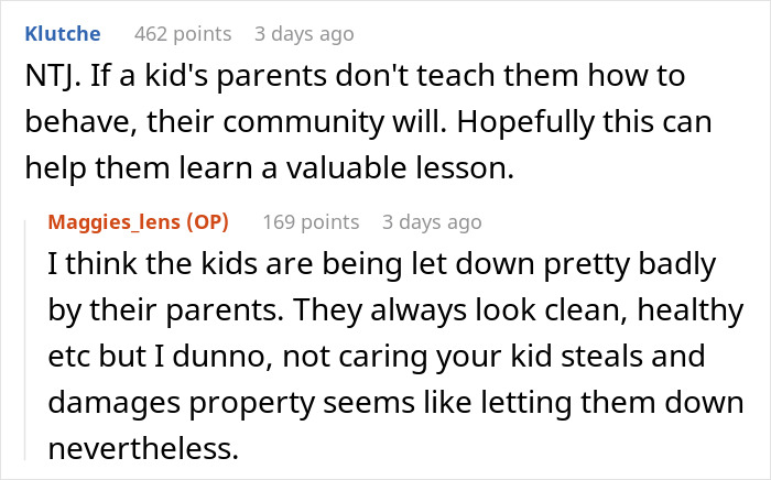 Screenshot of a Reddit conversation about a woman&rsquo;s hot revenge on neighborhood kids and the resulting mixed feelings of laughter and guilt.