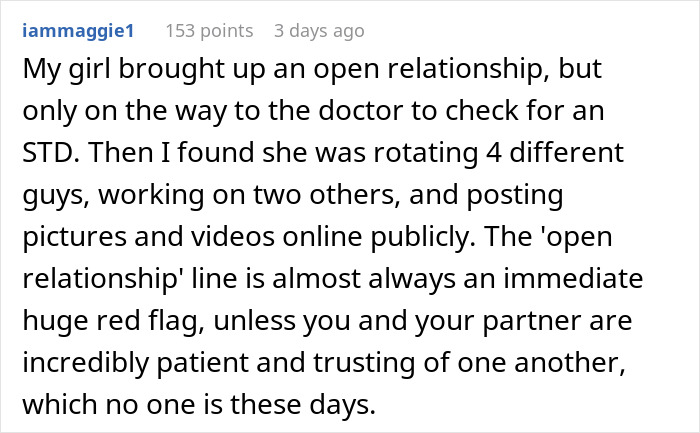 Screenshot of a Reddit comment discussing open marriage and relationship trust issues from a user named iammaggie1.