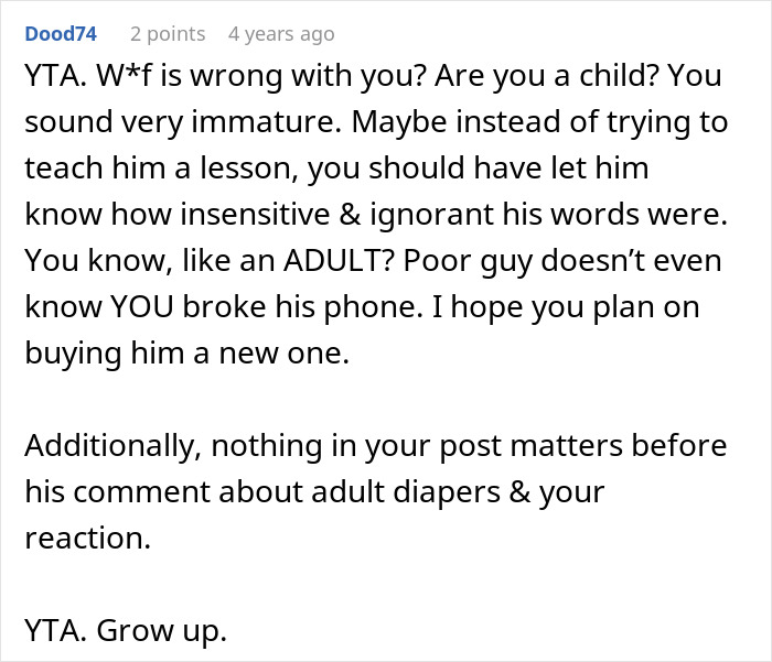 Commenter criticizes woman trying to teach boyfriend empathy, pointing out she broke his phone in the process.