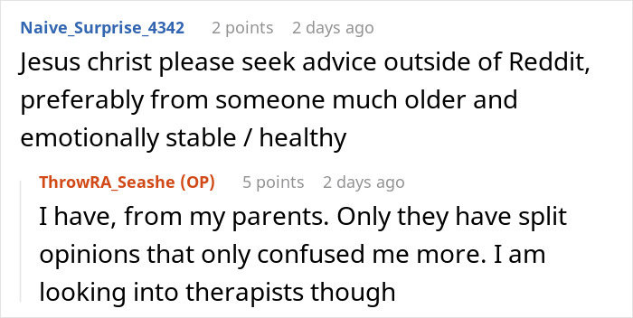 Reddit user discussing seeking advice after a breakup and considering therapy two months after being dumped.