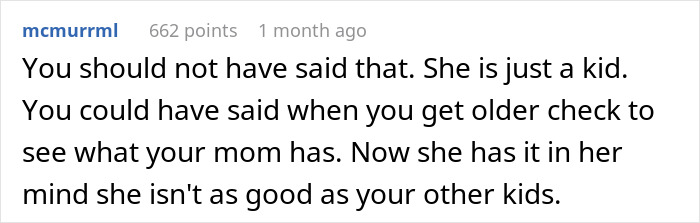 Screenshot of an online comment discussing a woman prioritizing her bio kid over her two stepdaughters for heirlooms.