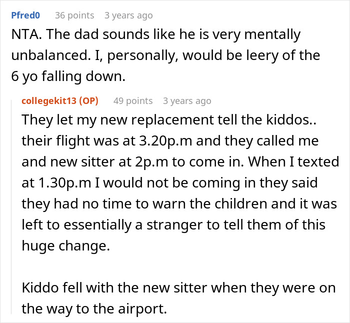 Reddit comments discussing rude rich folks firing babysitter with false accusations and blaming her after missing trip.