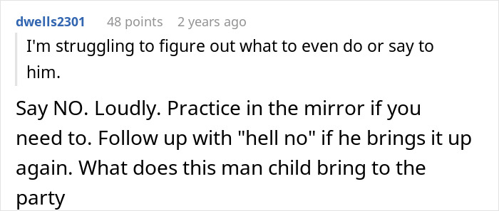 Reddit comment discussing a man with debt asking his girlfriend to take a loan for a Spiderman costume.