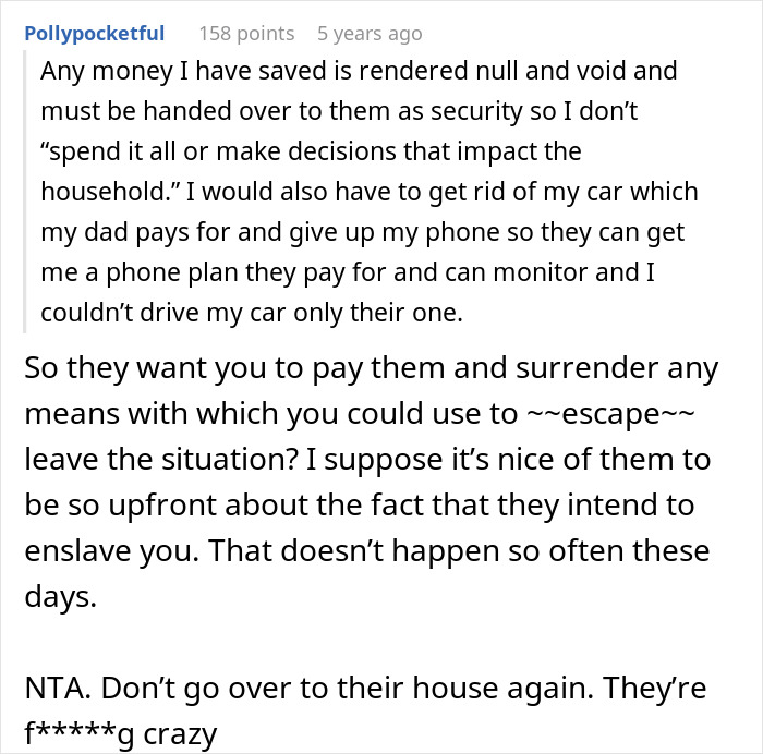 Comment discussing ridiculous demands made in a live-in nanny job offer leading to woman telling brother to go to hell.