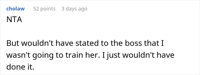 Screenshot of a Reddit comment stating refusal to train a new hire after company claims they can’t afford raises.