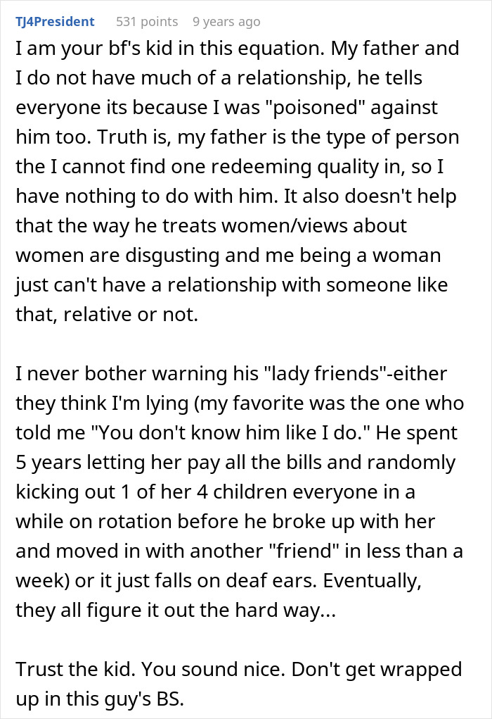 Comment discussing a woman bumping into her boyfriend&rsquo;s grown son revealing harsh family and relationship truths.