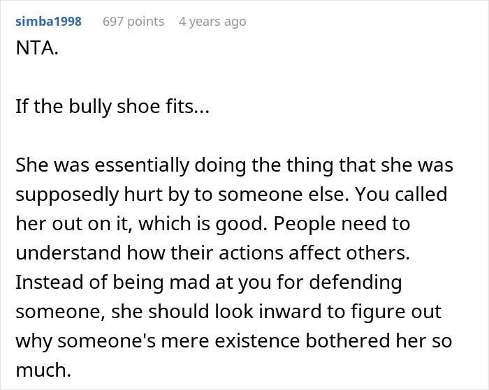 Reddit comment discussing how calling someone a bully can trigger reflection on past bullying and its effects on their behavior.