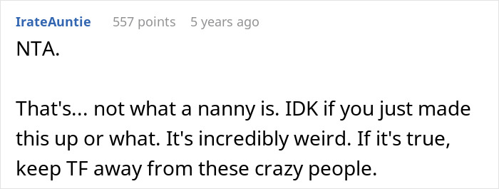Comment on Reddit discussing a woman rejecting her brother's live-in nanny job offer due to unreasonable demands.