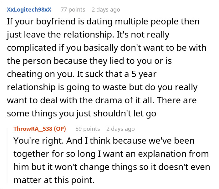 User discussing boyfriend dating relationships and advice on handling cheating and trust issues in a long-term partnership.