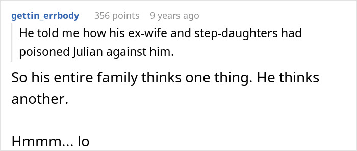 Text excerpt from a Reddit comment discussing family misunderstandings related to a woman bumping into her boyfriend&rsquo;s grown son.