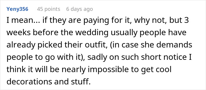 Comment discussing challenges of last-minute Star Wars themed wedding decorations three weeks before the event.
