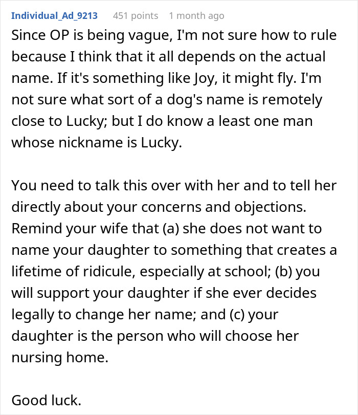 Pregnant wife wants to name baby after childhood dog Lassie, husband feeling weirded out by the choice.