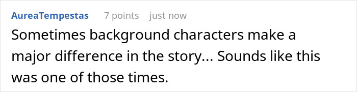 Comment by AureaTempestas on a forum discussing work quiet gossip drama, highlighting the impact of background characters.