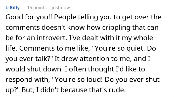 Screenshot of a Reddit comment where a user describes dealing with quietness and rude remarks during family interactions.