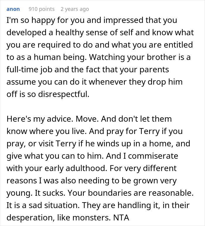 Comment expressing support for woman setting boundary about disabled brother&rsquo;s care after latest drop-off incident.