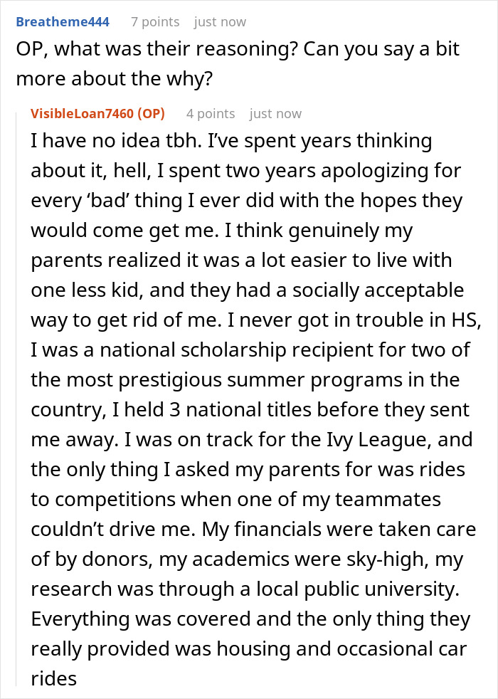 Reddit post text showing a teen sharing feelings of being dumped by parents at boarding school, still angry years later.