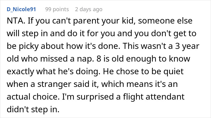 Man tells disruptive kid on plane to be quiet, sparking conflict with the child's mom over parenting and trauma claims.