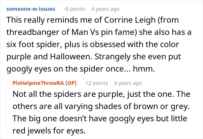 Neighbor threatens couple over elaborate Halloween decor featuring large spiders and purple color theme in their yard.