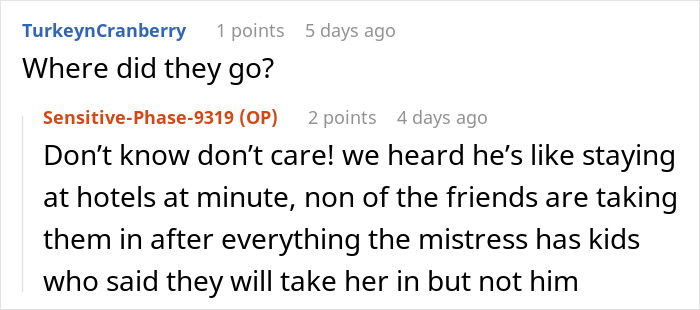 Comment thread discussing whereabouts and living arrangements involving entitled brother house ride situation.