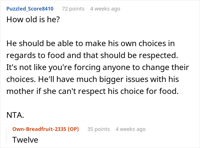 Comment discussing a man prepared to fight for stepson's diet change despite mom's opposition in an online forum.
