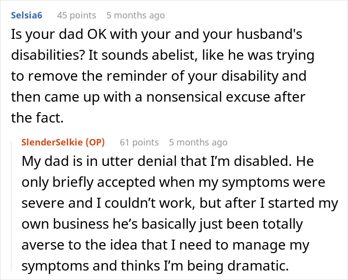 Dad upset about daughter&rsquo;s home shares concerning views causing her to worry about his denial and attitude toward her disability.