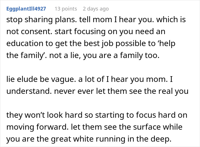 Text post from user EggplantII4927 advising a sibling of autistic and epileptic brothers to focus on education and self-care despite family pressures.