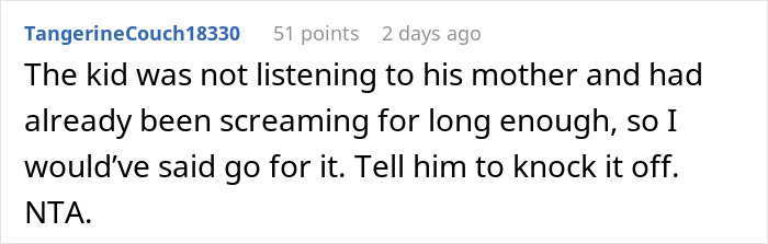 Screenshot of a Reddit comment discussing a man telling a disruptive kid on a plane to be quiet, upsetting the mom.