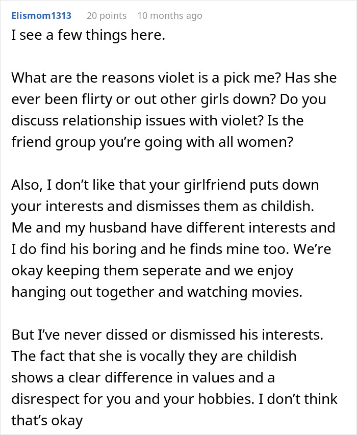 Comment discussing relationship issues with female friend and boyfriend reconsidering relationship due to trip concerns.