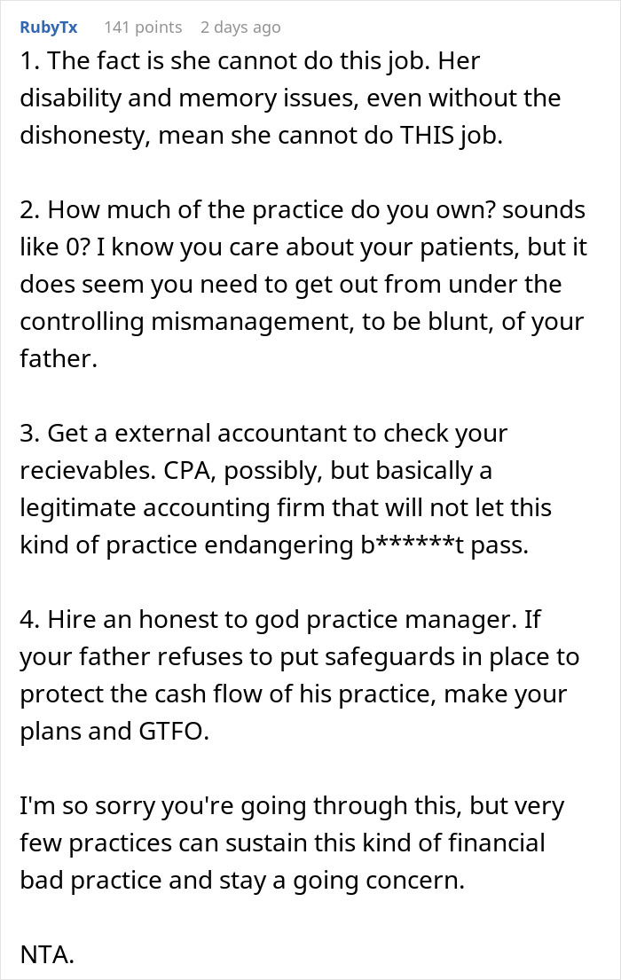 Screenshot of online comment discussing doctor refusing to rehire sister after costly financial mistake at practice.